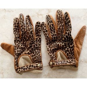 Henri Bendel Chestnut Brown Leather Leopard Gloves 7.5 NWT